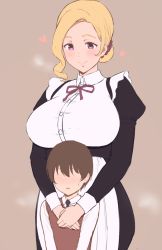  1boy 1girl age_difference apron breasts femdom happy heart imminent_penetration large_breasts maid mucchimut no_eyes purple_eyes shota size_difference smile  rating:Sensitive score:324 user:cheezeit