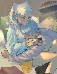  1boy 1girl absurdres artist_name baggy_clothes bedroom black_socks blue_hair blue_shirt book breasts cellphone closed_eyes closed_mouth commentary couple cuddling elf eyelashes foot_out_of_frame frieren green_eyes hair_over_shoulder head_on_chest highres himmel_(sousou_no_frieren) holding holding_phone indoors jewelry long_hair long_sleeves looking_at_phone lying lying_on_person mimic mimic_chest mole mole_under_eye nyafurbl on_bed on_stomach open_book parted_lips phone pillow pointy_ears ring sharp_teeth shirt signature sitting skirt small_breasts smartphone smile socks sousou_no_frieren teardrop_earrings teeth thick_eyebrows twintails twitter_username upper_body wainscoting wedding_ring white_hair white_shirt wooden_wall yellow_skirt yokozuwari 