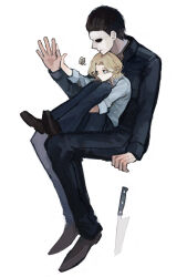  1boy 1girl ainu_nijo blonde_hair blue_eyes brown_footwear brown_hair commentary_request halloween_(movie) hand_on_another&#039;s_hand highres hugging_own_legs jacket kitchen_knife laurie_strode legs_together mask michael_myers pants shoes short_hair simple_background sitting sitting_on_lap sitting_on_person squiggle white_background 