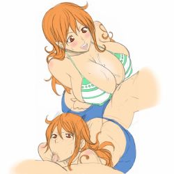 1boy 1girl :&gt;= ass bikini bikini_top_only blush breasts butt_crack cum fellatio hetero huge_ass huge_breasts kloah long_hair nami_(one_piece) one_piece open_mouth oral orange_hair paizuri penis sequential shota simple_background small_penis smile swimsuit tattoo uncensored white_background  rating:Explicit score:217 user:Jiblymibly