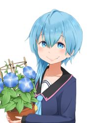  10s 1girl :d ahoge b-man blue_eyes blue_hair carrying commentary_request flower flower_pot kantai_collection looking_at_viewer minazuki_(kancolle) open_mouth school_uniform serafuku short_hair short_hair_with_long_locks simple_background smile solo upper_body white_background 