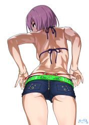  1girl alternate_costume ass back belt bikini bikini_top_only breasts denim denim_shorts fate/grand_order fate_(series) highres looking_back mash_kyrielight purple_eyes purple_hair short_hair short_shorts shorts sideboob simple_background solo suna_(sandworks) swimsuit thong whale_tail_(clothing) white_background  rating:Questionable score:50 user:danbooru