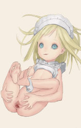  1girl barefoot blonde_hair censored clitoris clothes_lift dreamer_tapir eyebrows feet female_focus flat_chest full_body hairband legs loli lying mosaic_censoring on_back original panties panties_around_leg pussy shirt shirt_lift simple_background smile soles solo spread_pussy thighs toes underwear 