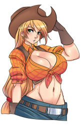  1girl applejack belt blonde_hair breasts cleavage cowboy_hat earrings gloves green_eyes groin hat huge_breasts jewelry long_hair low-tied_long_hair maniacpaint midriff my_little_pony my_little_pony:_friendship_is_magic navel pants personification plaid plaid_shirt ponytail shirt solo tied_shirt very_long_hair vest  rating:Questionable score:208 user:danbooru