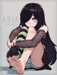  1girl aria_wintermint bare_shoulders barefoot black_hair black_nails black_skirt borrowed_character bridal_gauntlets character_name closed_mouth commentary english_commentary feet foot_focus foreshortening goth_fashion green_eyes grey_background hair_over_one_eye highres k-rha&#039;s long_hair nail_polish panties simple_background single_thighhigh sitting skirt soles solo striped_clothes striped_panties striped_thighhighs the_crawling_city thighhighs toenail_polish toenails toes underwear  rating:Sensitive score:236 user:danbooru