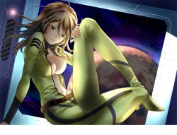  10s 1girl arm_support blonde_hair bodysuit breasts green_eyes large_breasts leaning_back leg_lift long_hair looking_at_viewer mars_(planet) mori_yuki navel nipples no_bra open_clothes planet sitting skin_tight solo space uchuu_senkan_yamato uchuu_senkan_yamato_2199 uniform  rating:Questionable score:9 user:ifsiv