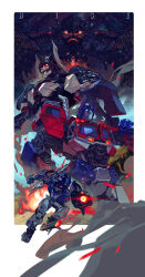  absurdres arm_cannon autobot beast_wars beast_wars:_transformers blue_eyes clenched_hand frown glowing glowing_eyes highres inaki_shinrou looking_down looking_to_the_side looking_up mecha mirage_(transformers) missile optimus_primal optimus_prime orange_eyes red_eyes robot running sword transformers transformers:_rise_of_the_beasts transformers_(live_action) unicron weapon weapon_on_back  rating:General score:1 user:danbooru
