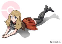 1girl blonde_hair breasts closed_mouth collared_shirt commentary_request commission creatures_(company) crossed_ankles eyelashes feet_up full_body game_freak grey_eyes grey_thighhighs highres long_hair looking_up lying nintendo no_shoes on_stomach own_hands_together pleated_skirt poke_ball_symbol pokemon pokemon_xy serena_(pokemon) shirt skeb_commission skirt sleeveless sleeveless_shirt smile solo tellzeta thighhighs 