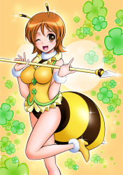  1girl antennae bare_arms bare_legs bee_costume blush breasts brown_eyes brown_hair choker clover clover_(flower) costume flower four-leaf_clover happinesscharge_precure! insect_wings lance large_breasts looking_at_viewer mattsua medium_hair one_eye_closed oomori_yuuko open_mouth polearm precure smile solo sparkle stinger striped vest weapon wings wristband  rating:Sensitive score:2 user:danbooru