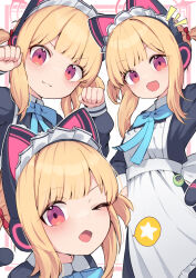  1girl :3 :d ;d alternate_costume animal_ear_headphones animal_ears apron black_dress blonde_hair blue_archive blue_bow blue_bowtie blunt_bangs blush border bow bowtie cat_ear_headphones cat_tail collared_dress commentary_request dress enmaided fake_animal_ears fake_tail fang frilled_apron frills hair_ribbon headphones looking_at_viewer maid maid_headdress medium_hair momoi_(blue_archive) multiple_views one_eye_closed open_mouth outside_border red_border red_eyes red_ribbon ribbon saebashi smile speech_bubble spoken_star star_(symbol) tail two_side_up white_apron white_background 
