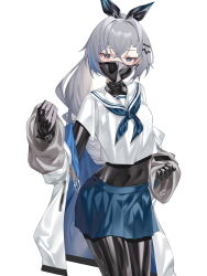  1girl black_bodysuit blue_skirt bodysuit bodysuit_under_clothes breasts choker cloth_gag commentary_request crotch_zipper earrings gag gagged ginklaga grey_eyes grey_hair hair_intakes hair_ribbon highres honkai:_star_rail honkai_(series) improvised_gag jacket jewelry latex latex_bodysuit long_hair looking_at_viewer off_shoulder open_clothes open_jacket over_the_nose_gag ponytail ribbon sailor_collar sailor_shirt shiny_clothes shirt silver_wolf_(honkai:_star_rail) skin_tight skirt small_breasts solo white_background white_sailor_collar white_shirt wrist_cuffs zipper 