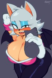 1girl absurdres animal_ears animal_nose bare_shoulders bat_ears bat_girl bat_wings belly blush breasts cleavage curvy elbow_gloves eyeshadow finger_in_another&#039;s_mouth furry furry_female gloves green_eyes hand_in_mouth highres huge_breasts makeup nezulet plump rouge_the_bat sharp_teeth solo sonic_(series) teeth thick_thighs thighs white_fur white_gloves wings rating:Questionable score:127 user:danbooru