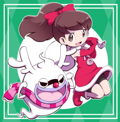 1girl blush brown_eyes brown_hair floating ghost high_ponytail kodama_fumika long_hair looking_at_viewer no_pupils nollety open_mouth pendant_watch purple_lips sack scarf watch whisper_(youkai_watch) youkai_(youkai_watch) youkai_watch youkai_watch_(object) 