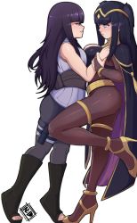  2girls against_wall ass bodystocking breast_press breasts cape cleavage cosplay costume_switch crossover female_focus fire_emblem hand_on_another&#039;s_shoulder high_heels highres hime_cut hyuuga_hinata hyuuga_hinata_(cosplay) multiple_girls naruto naruto_(series) nintendo nudiedoodles parted_lips voice_actor_connection smile stephanie_sheh symmetrical_docking tharja_(cosplay) tharja_(fire_emblem) thighlet thighs yuri 
