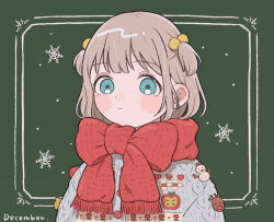  1girl bad_id bad_pixiv_id blush_stickers december grey_hair highres idolmaster idolmaster_shiny_colors looking_at_viewer pom_pom_(clothes) serizawa_asahi simple_background snowflake_print solo sorcery sweater two_side_up upper_body 