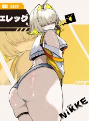  1girl ahoge ass black_gloves black_sports_bra blonde_hair blush breasts character_name clothing_cutout crop_top cropped_sweater elegg_(nikke) from_behind from_below gloves goddess_of_victory:_nikke grey_shorts gurujay_arts hair_intakes hair_over_eyes heart large_breasts long_bangs long_sleeves looking_at_viewer micro_shorts multicolored_clothes multicolored_gloves multicolored_hair navel short_hair shorts shoulder_cutout solo spoken_heart sports_bra suspender_shorts suspenders thigh_strap thighs two-tone_hair yellow_gloves zoom_layer 