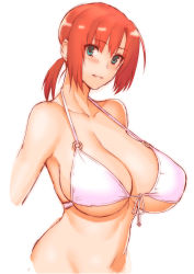 1girl bare_shoulders bikini blush boudica_(fate) breasts cleavage collarbone commentary fate/grand_order fate_(series) front-tie_bikini_top front-tie_top green_eyes highres huge_breasts looking_at_viewer looking_to_the_side o-ring o-ring_top parted_lips ponytail red_hair short_hair simple_background smile solo strap_gap swimsuit upper_body white_background white_bikini whoosaku rating:Sensitive score:62 user:danbooru