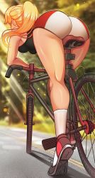 1girl ass bicycle bike_shorts blonde_hair blurry blurry_background breasts day from_behind game_cg highres hooligapps hot_gym huge_ass large_breasts ponytail riding riding_bicycle shoes short_shorts shorts solo stella_(hot_gym) tank_top vehicle rating:Questionable score:87 user:Aij