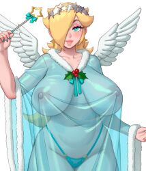  1girl angel_wings blonde_hair blue_eyes blue_ribbon breasts breasts_apart closed_mouth commentary covered_erect_nipples covered_navel cowboy_shot earrings english_commentary feathered_wings fur_trim hair_over_one_eye highleg highleg_panties highres holding holding_wand holly huge_breasts jewelry lips looking_at_viewer mario_(series) nail_polish nintendo panties ribbon riz rosalina see-through simple_background solo star_(symbol) underwear wand white_background white_wings wings  rating:Questionable score:148 user:danbooru