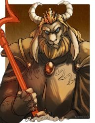  1boy armor asgore_dreemurr beanycoffee beard blue_eyes cape crown facial_hair fangs furry furry_male happy highres horns looking_at_viewer polearm smile solo trident undertale weapon white_fur  rating:Sensitive score:2 user:SwiperTheFox