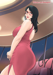  1girl absurdres ass bare_shoulders black_eyes black_hair boruto:_naruto_next_generations breasts clothes dress female_focus glasses highres huge_ass large_breasts lipstick looking_at_viewer makeup mature_female nail_polish naruto_(series) raikageart red-framed_eyewear red_dress red_lips red_robe robe solo tagme uchiha_sarada  rating:Sensitive score:221 user:SlayDash