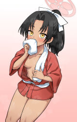  1girl black_hair blue_archive blush breasts commentary_request covered_mouth cowboy_shot gradient_background halo highres itou_yuuji japanese_clothes kimono looking_ahead medium_breasts medium_hair naked_kimono no_bra no_panties open_clothes open_kimono paid_reward_available pink_background ponytail red_kimono rickshaw_student_(blue_archive) simple_background solo sweat towel towel_around_neck two-tone_background variant_set very_sweaty white_background wiping_sweat yellow_eyes yukata 