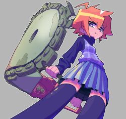  1girl absurdres ahoge black_thighhighs blue_skirt brown_hair chainsaw closed_mouth highres holding holding_chainsaw long_sleeves pleated_skirt pout purple_eyes saghaley short_hair skirt solo thighhighs urotsuki yume_2kki  rating:General score:4 user:danbooru