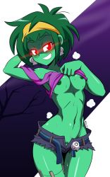  1girl absurdres breasts clothes_lift colored_skin evil_grin evil_smile green_hair green_skin grin highres mergeritter nipples pubic_hair red_eyes rottytops shantae_(series) smile thigh_gap zombie_girl  rating:Questionable score:34 user:MrEirix