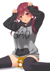 1girl absurdres black_jacket black_thighhighs commentary_request grey_jacket hands_up heterochromia highres hololive houshou_marine jacket long_hair long_sleeves looking_at_viewer mugino0515 multicolored_clothes multicolored_jacket red_eyes red_hair simple_background sitting solo stuffed_animal stuffed_toy teddy_bear thighhighs thighs twintails two-tone_jacket virtual_youtuber white_background yellow_eyes  rating:Sensitive score:16 user:danbooru