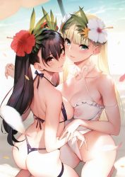  2girls absurdres arm_strap ass bar_censor bare_shoulders beach beach_umbrella bikini black_hair blonde_hair blue_eyes blunt_bangs blurry blush bottomless breasts breasts_out censored collarbone comic_anthurium day depth_of_field flower from_behind hair_between_eyes hair_flower hair_ornament halterneck hibiscus highres kneeling large_breasts long_hair looking_at_viewer looking_back medium_breasts multiple_girls nipples one-piece_swimsuit outdoors parted_lips petals pink_eyes sasaoka_gungu see-through shoulder_blades sideboob skindentation smile swimsuit thigh_strap thighs thong_bikini twintails umbrella water white_one-piece_swimsuit 