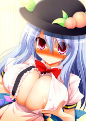  1girl alternate_breast_size areola_slip blush bowler_hat breast_lift breasts_squeezed_together breasts center_opening cleavage female_focus food fruit hat hinanawi_tenshi huge_breasts kurikara large_breasts long_hair open_clothes open_shirt peach red_eyes shirt solo tears touhou unbuttoned  rating:Questionable score:61 user:danbooru