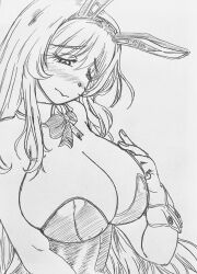  1girl absurdres animal_ears bare_shoulders blush bow breasts cleavage closed_mouth detached_collar embarrassed fake_animal_ears goddess_of_victory:_nikke greyscale hand_on_own_chest highres huge_breasts iceedgemarn leotard long_hair looking_down monochrome noir_(nikke) playboy_bunny rabbit_ears simple_background skindentation solo strapless strapless_leotard traditional_media upper_body very_long_hair white_background wrist_cuffs 