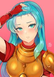  1girl aqua_eyes aqua_hair armor bangs_pinned_back breastplate closed_mouth commentary earrings eirika_(fire_emblem) english_commentary fingerless_gloves fire_emblem fire_emblem:_the_sacred_stones forehead gloves hair_between_eyes highres jewelry long_hair looking_to_the_side nintendo red_background red_gloves red_shirt revolverwing shirt short_sleeves shoulder_armor sidelocks solo sweat 
