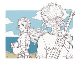  1boy 1girl blue_sky blush braid cloud cloudy_sky collar commentary_request earrings framed from_behind gloves greyscale hair_ornament hairclip holding jewelry link long_hair long_sleeves looking_at_another looking_back master_sword medium_hair monochrome nintendo ocean open_mouth parted_bangs pointy_ears pouch princess_zelda saiba_(henrietta) sheath sheathed shirt short_ponytail sidelocks sky smile spot_color standing sword sword_behind_back the_legend_of_zelda the_legend_of_zelda:_breath_of_the_wild thick_eyebrows twitter_username upper_body weapon weapon_on_back wind 