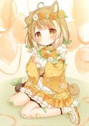  1girl ahoge animal_ears bandages blonde_hair blunt_bangs blush bow brown_eyes closed_mouth crossed_arms detached_sleeves flower hair_bow hair_flower hair_ornament highres holding japanese_clothes kimono lace lace-trimmed_skirt lace_trim long_hair long_sleeves looking_at_viewer mimikkyu_(mimikyunosub) original plaid plaid_skirt sash shoes sidelocks simple_background sitting skirt sleeves_past_wrists smile socks solo tail w wariza wide_sleeves 