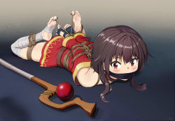 1girl absurdres arms_behind_back bandaged_leg bandages bare_shoulders barefoot bdsm belt black_gloves blush bondage bound bound_arms bound_toes brown_belt brown_hair commission cutout_gloves dress feet fingerless_gloves full_body gag gagged gloves highres hogtie kono_subarashii_sekai_ni_shukufuku_wo! legs_up long_hair looking_at_viewer lying megumin mrgagfoot on_back on_stomach red_dress red_eyes restrained sharpffffff shibari shibari_over_clothes short_hair signature soles solo staff thighhighs rating:Questionable score:94 user:danbooru