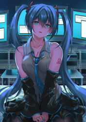 1girl bare_shoulders black_sleeves blue_eyes blue_hair blue_nails blue_necktie breasts check_commentary cleavage collarbone collared_shirt commentary_request detached_sleeves grey_shirt hair_between_eyes hatsune_miku highres inue_ao long_hair looking_at_viewer medium_breasts monitor nail_polish necktie open_mouth screen_light shelf shirt sitting skirt sleeveless solo terminal v_arms vocaloid wariza rating:Sensitive score:6 user:danbooru