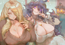  2girls ahoge alternate_breast_size between_breasts blonde_hair breasts brown_sweater choker cleavage collarbone covered_erect_nipples creatures_(company) cutesexyrobutts cynthia_(pokemon) dress game_freak gen_6_pokemon glowing glowing_eyes grey_eyes grin hair_over_one_eye hairband hex_maniac_(pokemon) jewelry large_breasts long_hair long_sleeves looking_at_viewer multiple_girls necklace nintendo no_bra playing_with_own_hair pokemon pokemon_(creature) pokemon_dppt pokemon_xy pumpkaboo purple_eyes purple_hair sidelocks smile sweater white_dress 