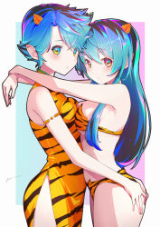  2girls absurdres animal_print aqua_hair asymmetrical_docking bare_arms bare_shoulders bikini black_hair blue_background blush border breast_press breasts closed_mouth commentary_request cone_horns dress green_hair hand_on_another&#039;s_ass heads_together highres horns itou_kazuki long_hair looking_at_viewer lum lum&#039;s_mother medium_breasts mother_and_daughter multicolored_eyes multicolored_hair multiple_girls oni outside_border pink_background pink_hair pointy_ears print_bikini short_hair side_slit signature sleeveless sleeveless_dress small_breasts strapless strapless_bikini swimsuit tiger_print two-tone_background urusei_yatsura white_border yellow_bikini yellow_dress yellow_horns  rating:Sensitive score:31 user:danbooru