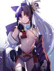  1girl armor asymmetrical_clothes asymmetrical_sleeves bare_shoulders black_gloves black_hat black_thighhighs blue_panties breast_curtains breasts closed_mouth cowboy_shot detached_sleeves fate/grand_order fate_(series) feather_hair_ornament feathers gloves hair_ornament hat highres holding holding_sheath japanese_armor katana kusazuri linea_alba long_hair long_sleeves looking_at_viewer medium_breasts mismatched_sleeves navel panties parted_bangs pauldrons pom_pom_(clothes) purple_eyes purple_sleeves revealing_clothes revision sheath sheathed shoulder_armor side_ponytail sidelocks siino simple_background single_glove single_pantsleg sode solo stomach sword tate_eboshi thighhighs underwear ushiwakamaru_(fate) very_long_hair weapon white_background white_sleeves wide_sleeves 