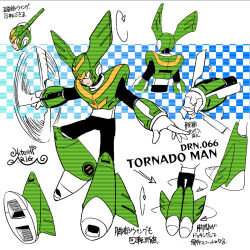  1boy android aqua_background ariga_hitoshi armor arrow_(symbol) artist_name black_bodysuit black_eyes blue_background bodysuit boots breastplate character_name character_sheet checkered_background clenched_hand commentary_request concept_art expressionless facing_down floating from_behind from_side full_body gradient_background green_armor green_footwear helmet highres joints knee_boots looking_ahead looking_up lower_body male_focus mega_man_(classic) mega_man_(series) mega_man_9 mega_man_megamix multiple_views no_humans portrait profile propeller robot robot_ears robot_joints scanlines shoe_soles signature simple_background tornado_man translation_request turnaround white_background winged_helmet 
