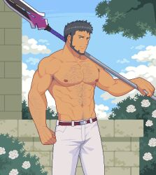  1boy absurdres arm_hair bara beard belt black_hair brown_belt catnipsmoker_(hakino) chest_hair clenched_hand cowboy_shot dark-skinned_male dark_skin facial_hair fire_emblem fire_emblem_engage highres holding holding_polearm holding_weapon large_pectorals looking_at_viewer male_focus mauvier_(fire_emblem) muscular muscular_male navel_hair nintendo nipples outdoors over_shoulder pants pectorals pixel_art polearm short_hair solo weapon weapon_over_shoulder white_pants 