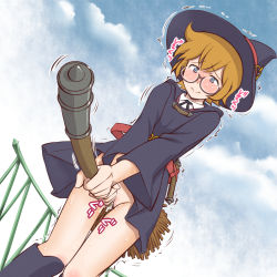  10s 1girl 3: :&gt; blonde_hair blue_eyes blush boots bottomless broom broom_riding brown_hair cloud crotch_rub day female_masturbation foreshortening freckles glasses hat little_witch_academia loli lotte_jansson masturbation matsui_celine no_panties pole_grind pussy pussy_juice robe rubbing short_hair sky solo sweat tareme trembling witch witch_hat  rating:Explicit score:219 user:aerd