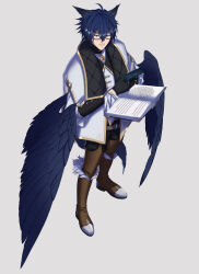  1boy belt black_gloves blue_eyes blue_hair blue_wings book boots brown_footwear feathered_wings fur-trimmed_boots fur_trim glasses gloves hair_between_eyes highres looking_at_viewer male_focus nekomiti open_book pixiv_fantasia pixiv_fantasia_mountain_of_heaven pointy_ears simple_background solo standing vilmos_oritz white_background wings 