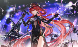  1girl black_dress chain detached_sleeves dress drum drum_set earrings elbow_gloves gloves hair_ornament highres instrument jewelry long_hair looking_at_viewer mento microphone multicolored_eyes ponytail puppet purple_eyes red_eyes single_earring thighs wuthering_waves yinlin_(wuthering_waves) 
