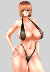  1girl 774ex breasts brown_hair huge_breasts simple_background solo swimsuit 