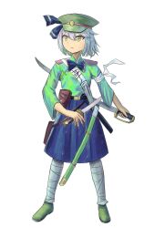  1girl alternate_costume blue_bow blue_bowtie blue_sky bow bowtie closed_mouth commentary_request cookie_(touhou) epaulettes eska_(cookie) expressionless full_body green_footwear green_hat green_shirt grey_hair hair_between_eyes hat highres holding holding_sword holding_weapon konpaku_youmu leg_wrap long_sleeves looking_afar looking_to_the_side medium_bangs peaked_cap pouch reverse_grip sash sheath shirt shoes short_hair short_sword shoulder_sash simple_background sky solo sword tantou tihami touhou weapon white_background 