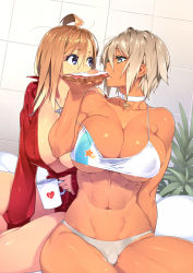  23_(real_xxiii) 2girls abs ahoge bacon blonde_hair blue_eyes blush bread bread_slice breasts cameltoe choker cleavage coffee_mug couple crop_top cup dark-skinned_female dark_skin eating egg egg_(food) food fried_egg fried_egg_on_toast highres huge_breasts jewelry large_breasts long_hair messy_hair mug multiple_girls muscular muscular_female navel necklace original plant ring sela_(23) shared_food short_hair sitting smile spaghetti_strap swimsuit toast toned underwear ursula_(23) wedding_band wife_and_wife yuri  rating:Questionable score:146 user:danbooru
