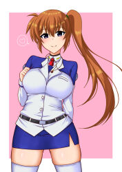  1girl arm_behind_back belt blue_skirt blush border breast_pocket breasts brown_hair closed_mouth collared_shirt commentary_request cowboy_shot hair_between_eyes hair_tie hand_on_own_chest heart highres jacket kunisaki-air large_breasts long_hair long_sleeves looking_at_viewer lyrical_nanoha mahou_shoujo_lyrical_nanoha mahou_shoujo_lyrical_nanoha_strikers military_uniform miniskirt outside_border pencil_skirt pink_background pocket purple_eyes raising_heart raising_heart_(standby_mode) shirt side_ponytail simple_background skindentation skirt smile solo spoken_heart standing takamachi_nanoha thighhighs thighs uniform white_border white_shirt white_thighhighs zettai_ryouiki 