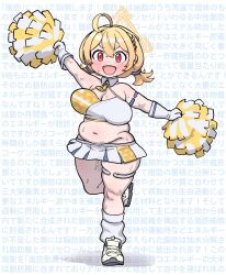  1girl ahoge armlet blonde_hair blue_archive blue_skirt blush braid breasts cheerleader cleavage commentary_request dot_nose full_body gloves hair_between_eyes halo holding holding_pom_poms kneehighs kotori_(blue_archive) kotori_(cheer_squad)_(blue_archive) large_breasts looking_at_viewer millennium_cheerleader_outfit_(blue_archive) miniskirt navel open_mouth outstretched_arms pleated_skirt plump pom_pom_(cheerleading) pom_poms red_eyes shadow shoes short_twintails skirt sneakers socks solo sports_bra standing standing_on_one_leg sweat tareme thick_thighs thighlet thighs triangle_halo twintails two-tone_sports_bra white_footwear white_gloves white_skirt white_socks wing_collar yellow_halo yoshino_norihito 